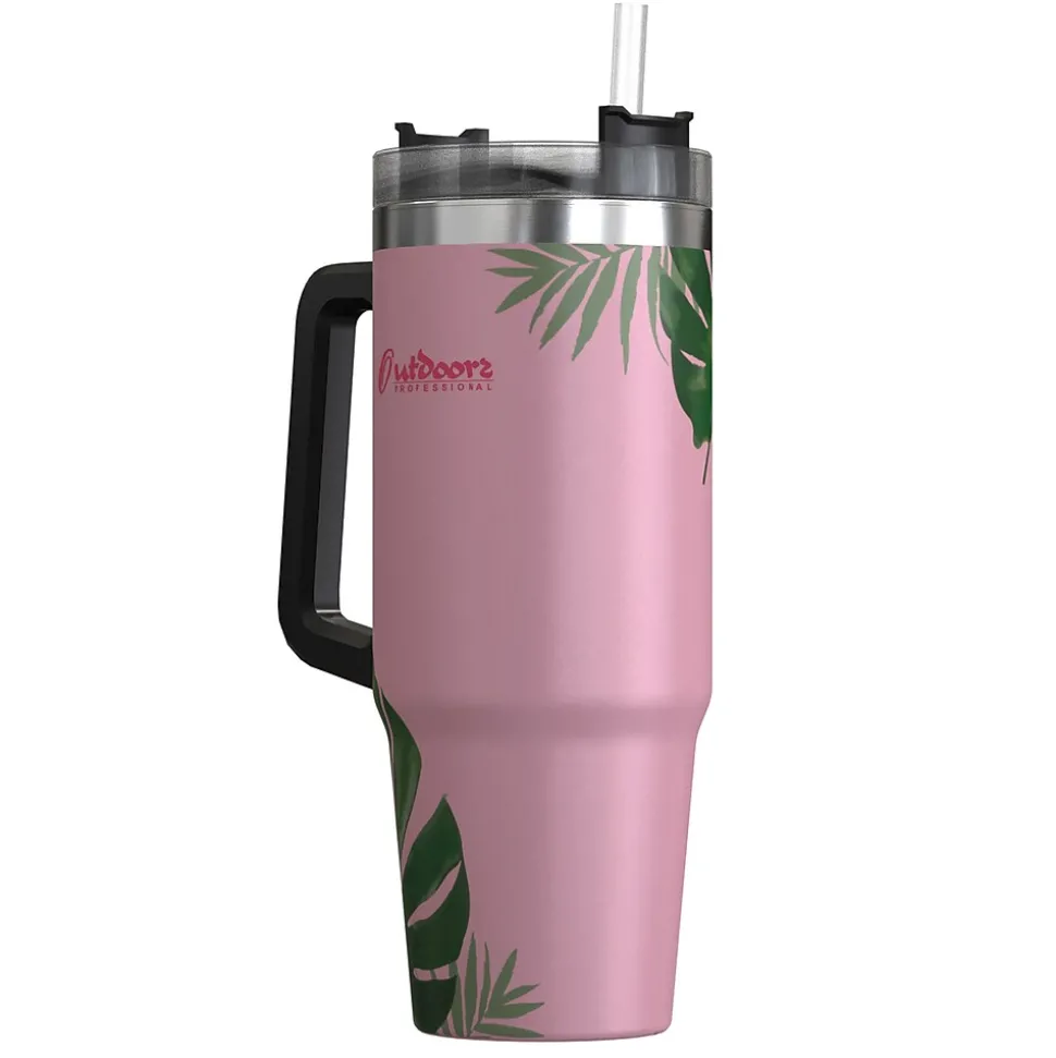 Outdoors Professional Stainless Steel Double-Walled Vacuum Insulated Tumbler with Straw, 30 oz., Tropical Pink (OUTD9225)