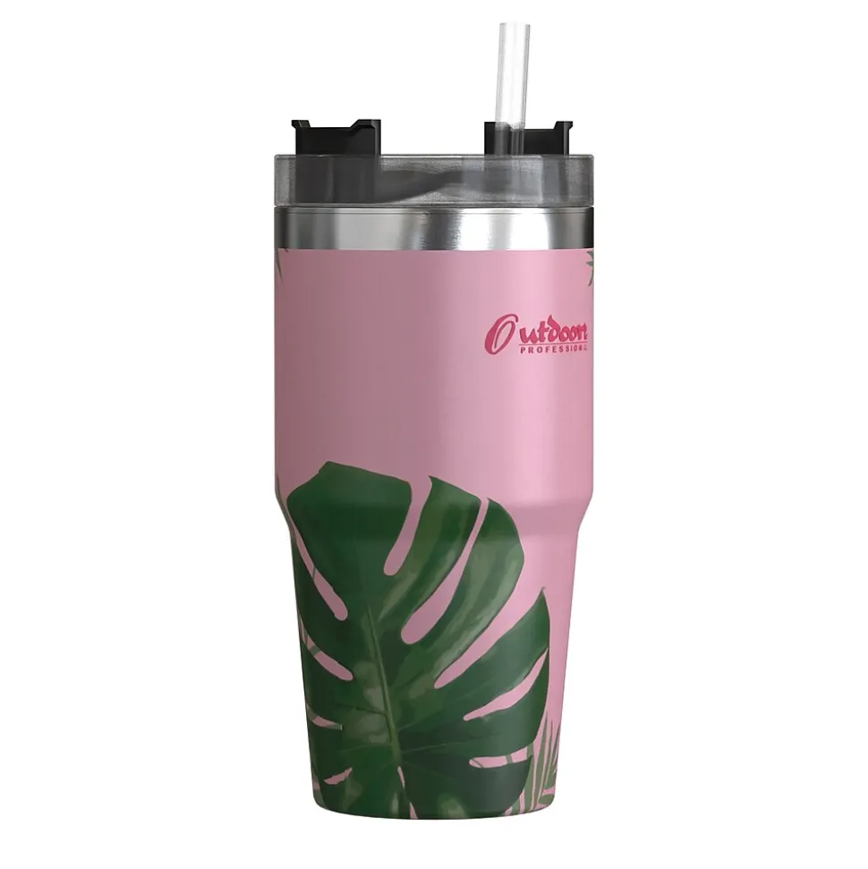 Outdoors Professional Stainless Steel Double-Walled Vacuum Insulated Tumbler with Straw, 20 oz., Tropical Pink (OUTD9201)