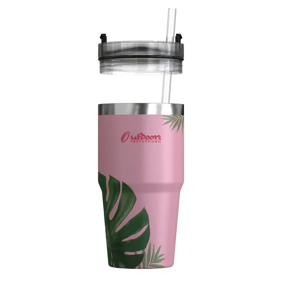 Outdoors Professional Stainless Steel Double-Walled Vacuum Insulated Tumbler with Straw, 20 oz., Tropical Pink (OUTD9201)
