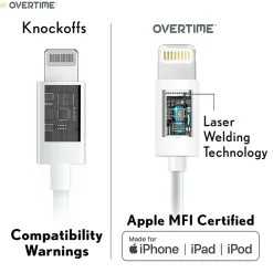 Overtime Apple MFi Certified Lighting USB 4ft Cable for iPhone/iPad/iPod Touch, White, Pack of 3 (CE14541A)