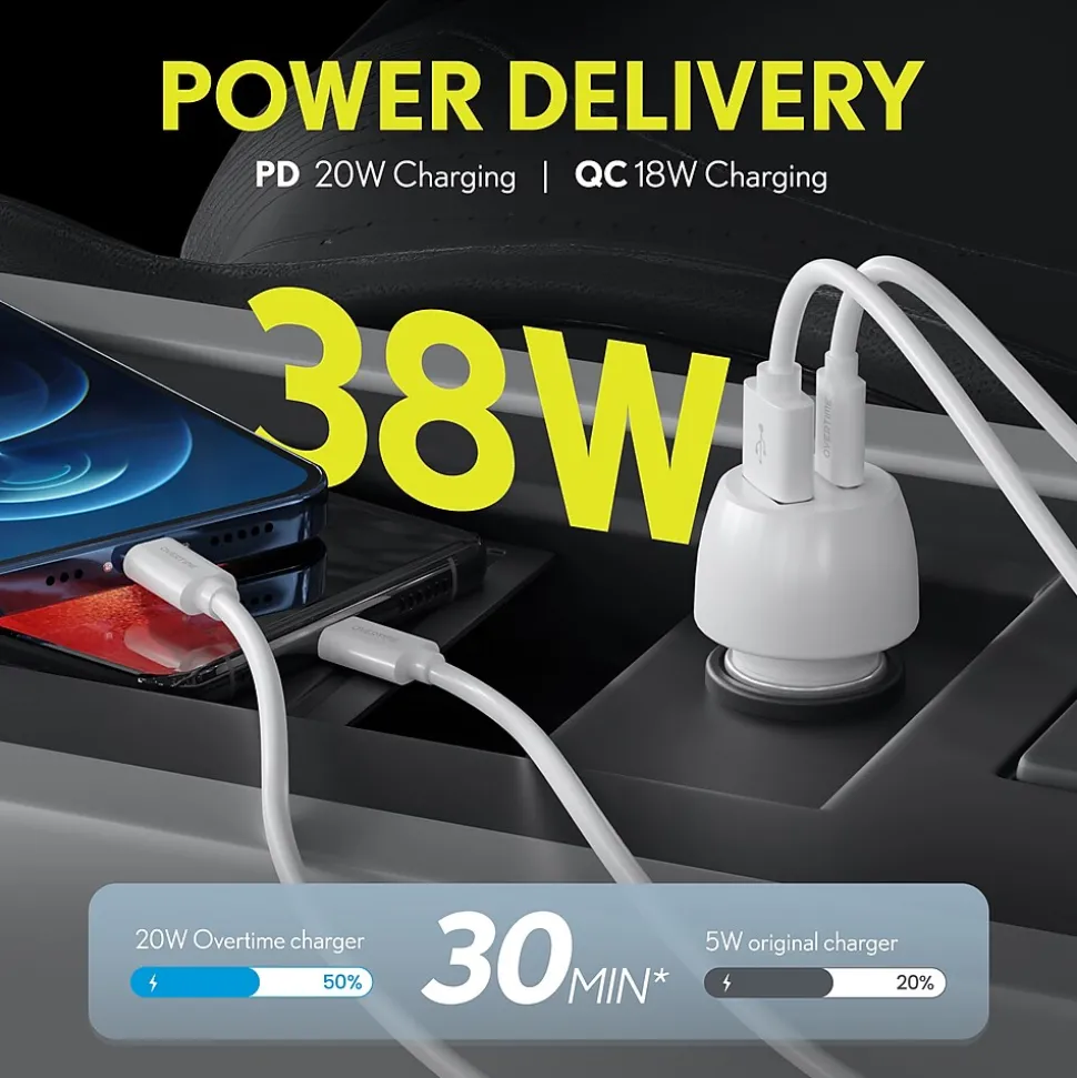 Overtime Overtime Dual USB-A/USB-C Universal Car Charger, White (OTC2USB2ASL)