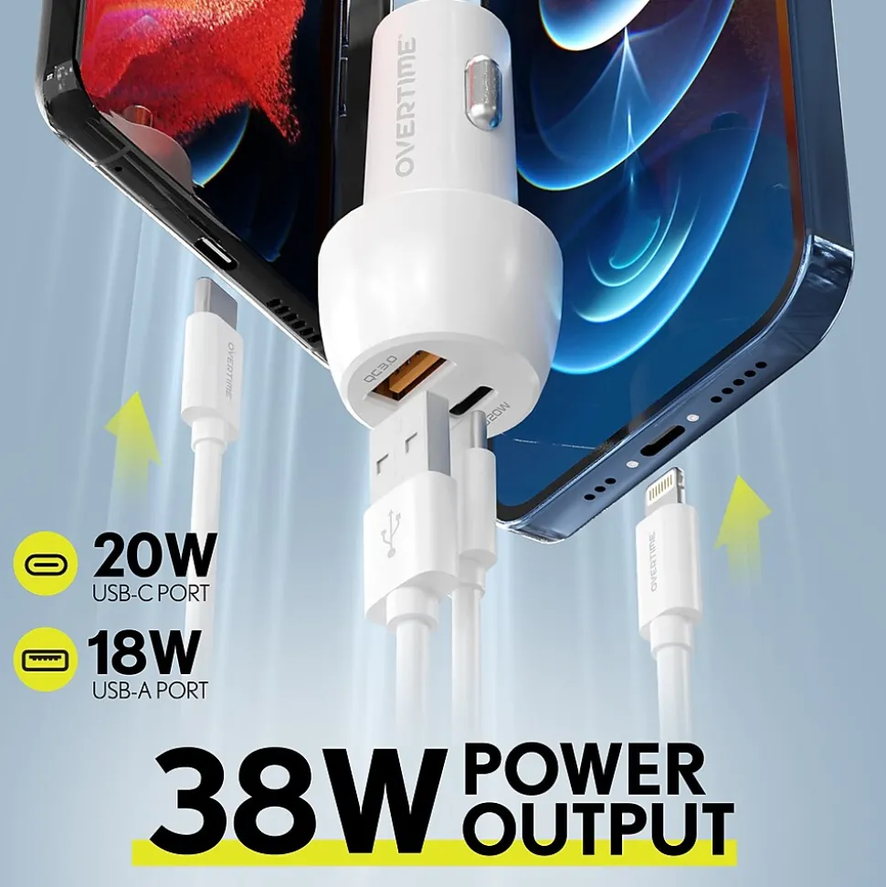 Overtime Overtime Dual USB-A/USB-C Universal Car Charger, White (OTC2USB2ASL)