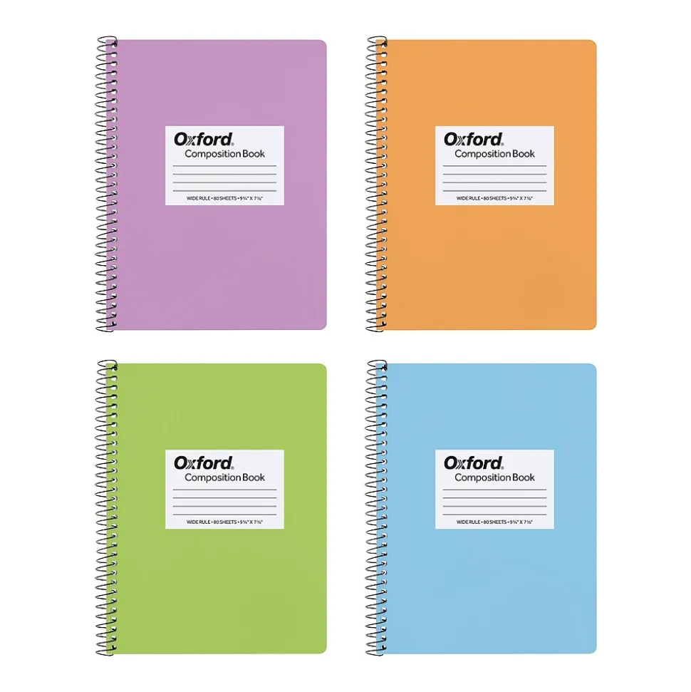 Oxford Composition Notebooks, 7.5" x 9.75", Wide Ruled, 80 Sheets, Assorted Colors, 4/Pack (64946)