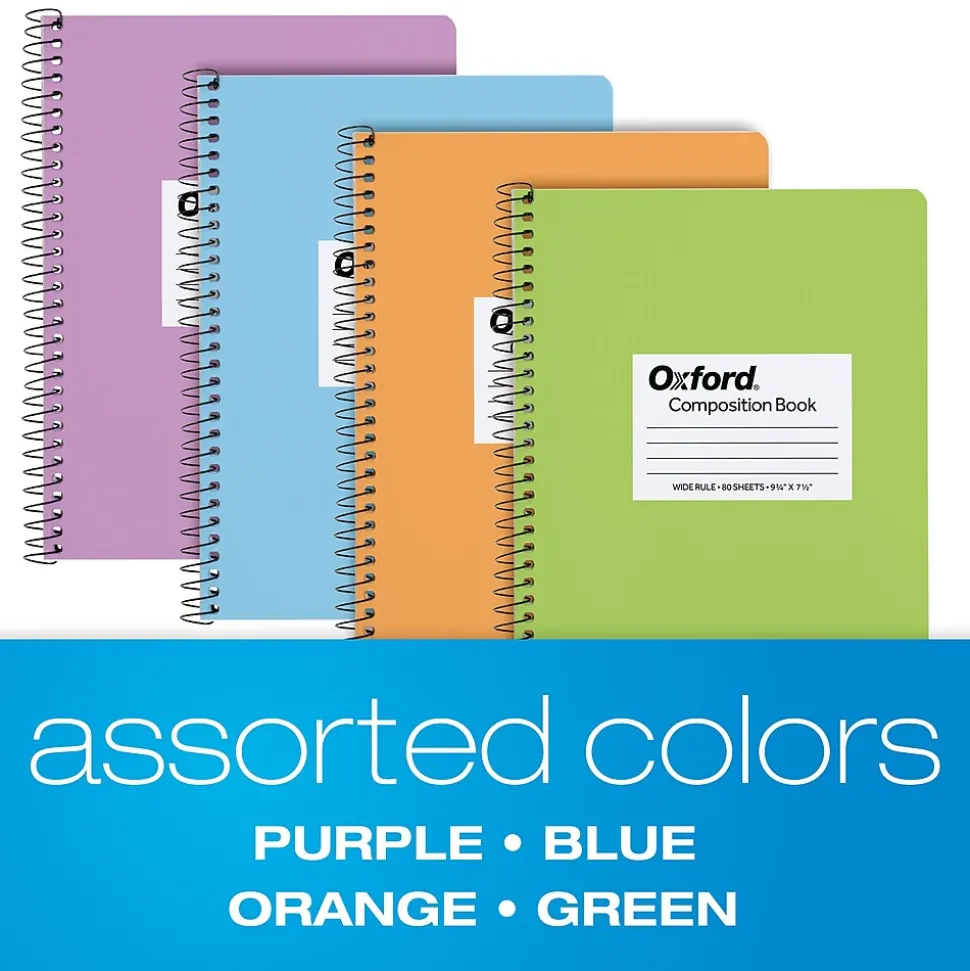 Oxford Composition Notebooks, 7.5" x 9.75", Wide Ruled, 80 Sheets, Assorted Colors, 4/Pack (64946)