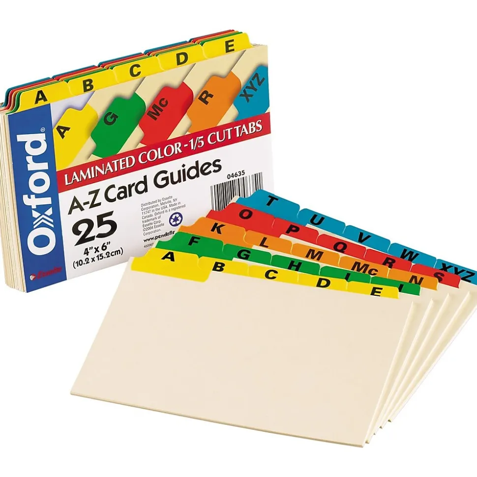 Oxford Laminated Tab Alpha Index Card Guides, 4" x 6", Manila, 25/Set (OXF04635)