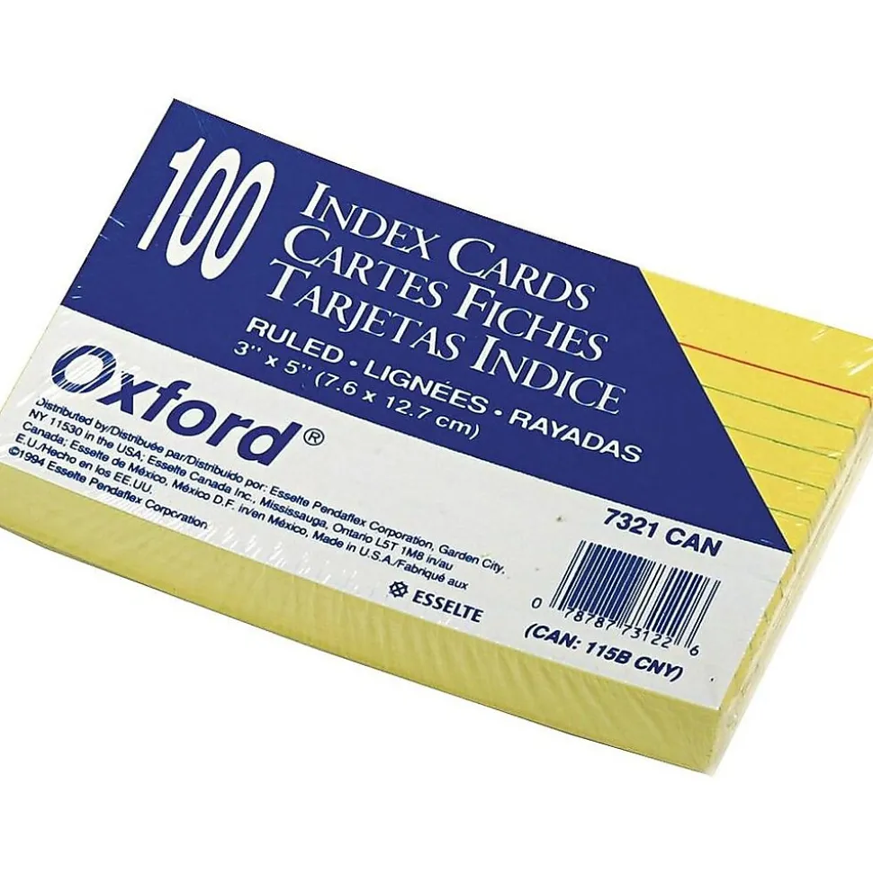 Oxford Ruled 3" x 5" Index Cards, Lined, Canary, 100/Pack (OXF 7321 CAN)