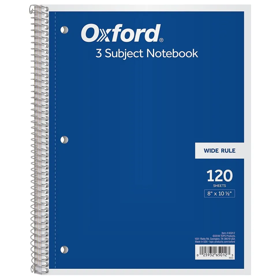 Oxford 3-Subject Notebooks, 8" x 10.5", Wide Ruled, 120 Sheets, Each (65012)