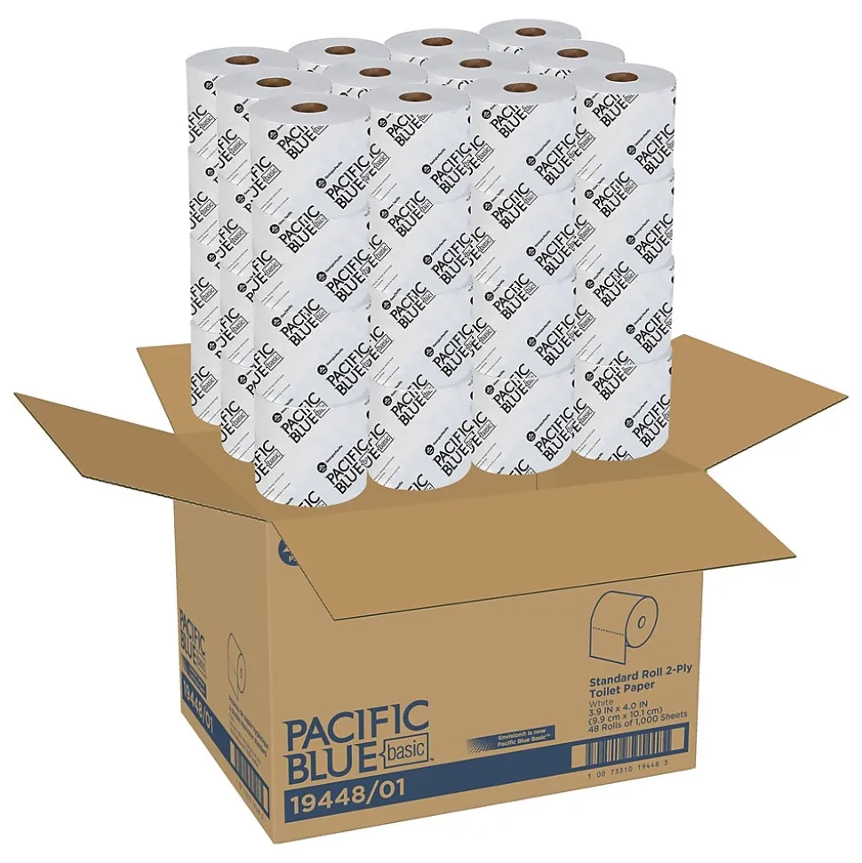 Pacific Blue Basic High Capacity Toilet Paper, 2-Ply, White, 1000 Sheets/Roll, 48 Rolls/Carton (19448/01)
