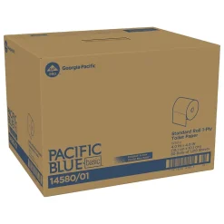 Pacific Blue Basic Recycled Toilet Paper, 1-Ply, White, 1210 Sheets/Roll, 80 Rolls/Carton (1458001/14500)