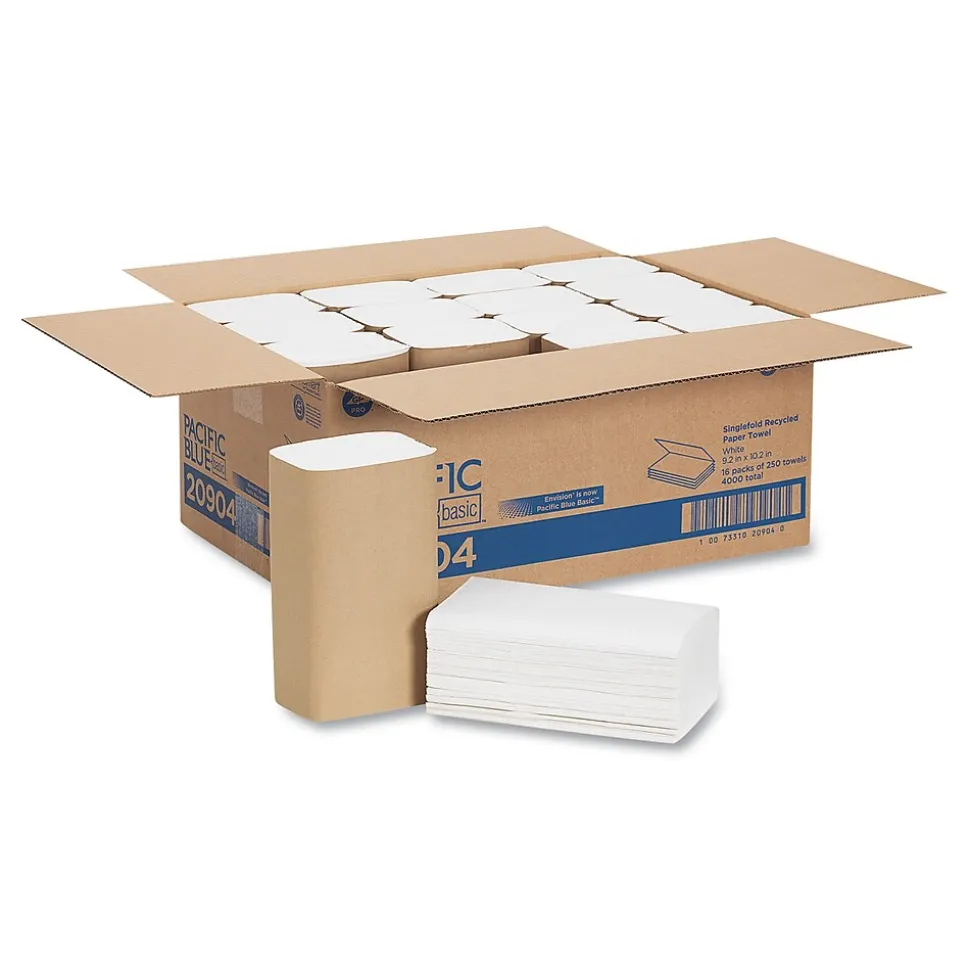 Pacific Blue Basic Recycled Single Fold Paper Towels, 1-ply, 250 Sheets/Pack, 16 Packs/Carton (20904)