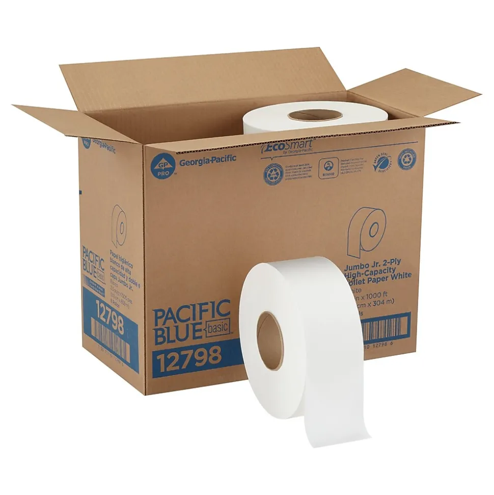 Pacific Blue Recycled Jumbo Jr. Toilet Paper, 2-Ply, White, 1000 ft./Roll, 8 Rolls/Carton (12798)