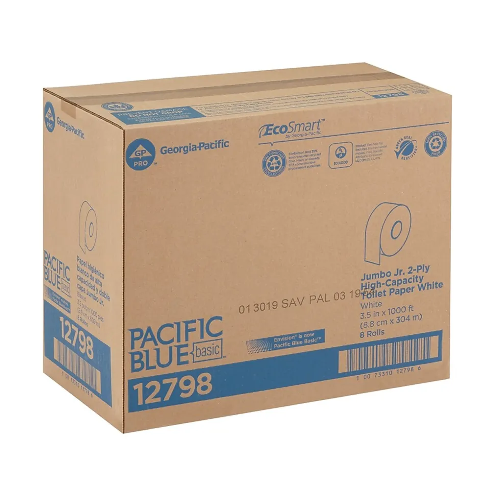 Pacific Blue Recycled Jumbo Jr. Toilet Paper, 2-Ply, White, 1000 ft./Roll, 8 Rolls/Carton (12798)
