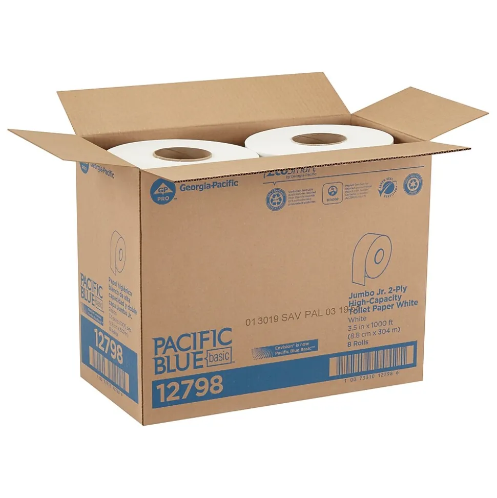 Pacific Blue Recycled Jumbo Jr. Toilet Paper, 2-Ply, White, 1000 ft./Roll, 8 Rolls/Carton (12798)