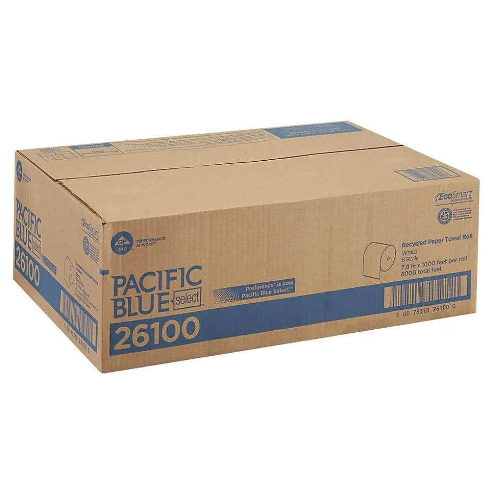 Pacific Blue Select Recycled Hardwound Paper Towels, 1-ply, 1000 ft./Roll, 6 Rolls/Carton (26100)
