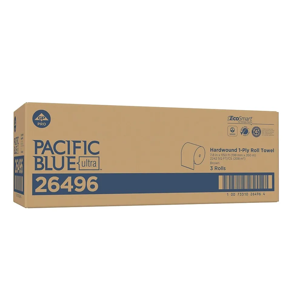 Pacific Blue Ultra 8” High-Capacity Recycled Paper Towel Roll by GP PRO, 1-Ply, Brown, 1150’/Roll, 3 Rolls/Carton (26496)