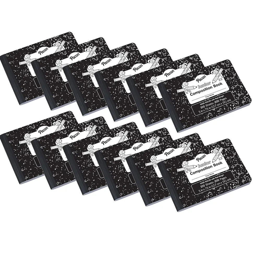 Pacon Composition Notebooks, 5" x 7.5", Wide Ruled, 100 Sheets, Black, 12/Bundle (PACMMK37090-12)