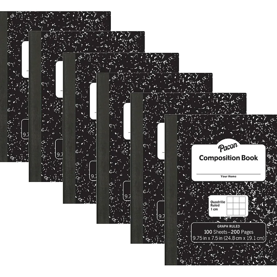 Pacon Composition Notebooks, 9.75" x 7.5", Quad Ruled, 100 Sheets, Black, 6/Bundle (PACMMK37105-6)