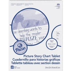 Pacon Picture Story Chart Tablet, White, Ruled Short, 1-1/2" Ruled, 24" x 32", 25 Sheets Per Pack, 2 Packs (PACMMK07430-2)
