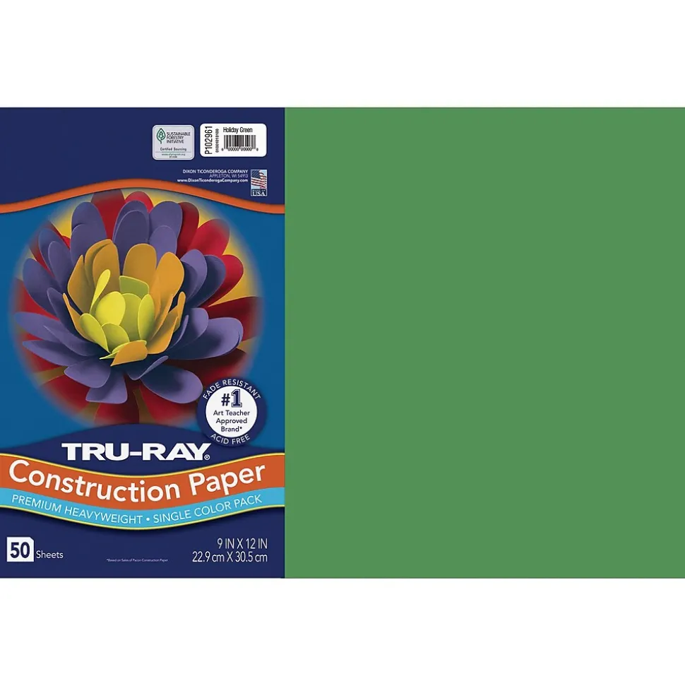 Pacon Tru-Ray Premium Heavy-Weight Construction Paper, 12" x 18", Holiday Green, 50 Sheets/Pack (102961)