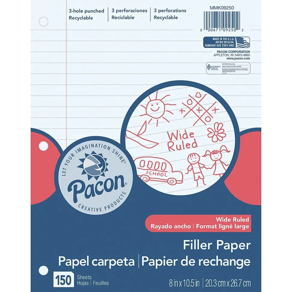 Pacon Wide Ruled Filler Paper, 8" x 10.5", 3-Hole Punched, 150 Sheets/Pack, 6 Packs/Bundle (PACMMK09250-6)