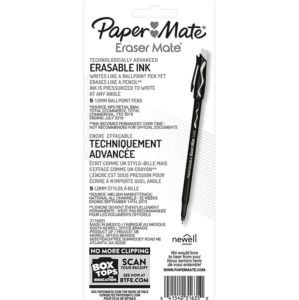 Paper Mate Eraser Mate Erasable Ballpoint Pen, Medium Point, Black Ink, 5/Pack (3163558PP)