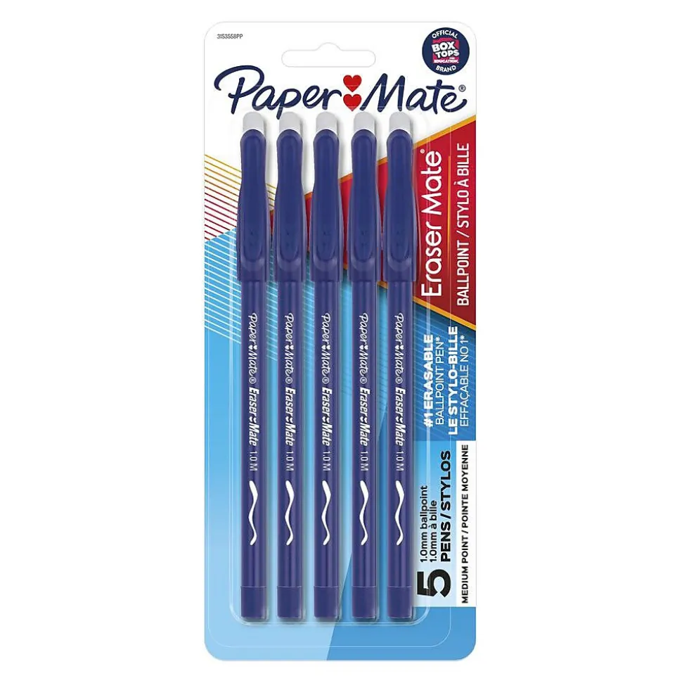 Paper Mate Eraser Mate Erasable Ballpoint Pen, Medium Point, Blue Ink, 5/Pack (3153558PP)