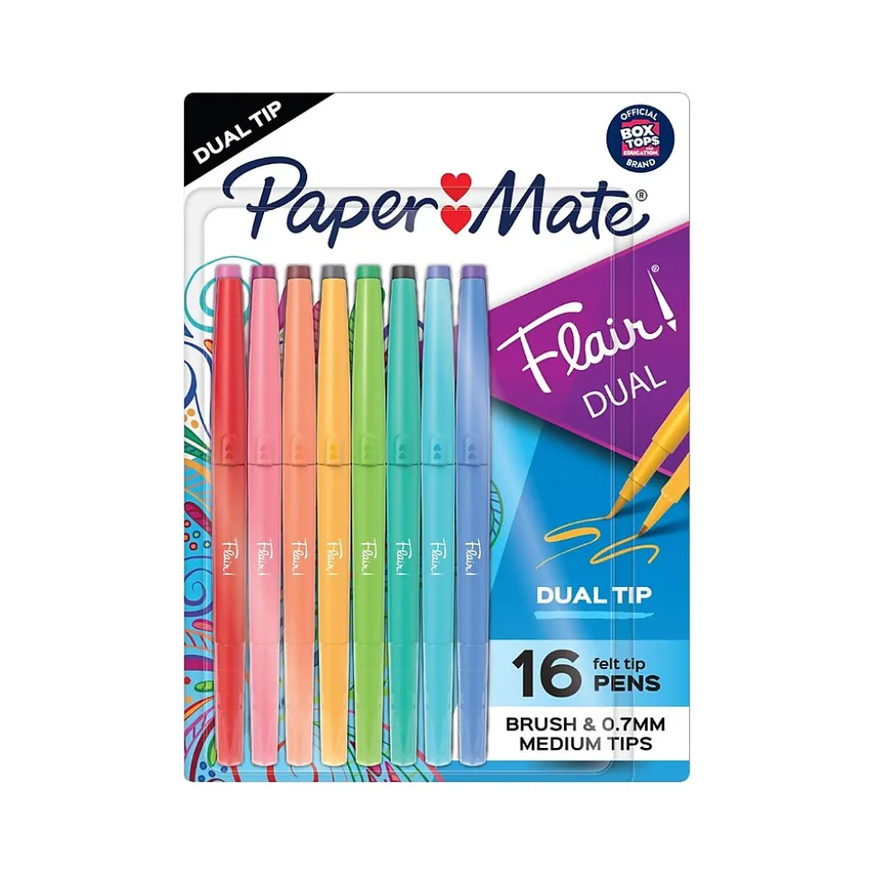 Paper Mate Flair! DUAL Calligraphy Pens, Brush/Medium Tips, Assorted Colors, 16/Pack (2181607)