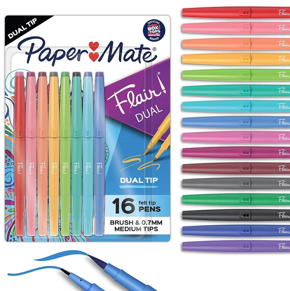 Paper Mate Flair! DUAL Calligraphy Pens, Brush/Medium Tips, Assorted Colors, 16/Pack (2181607)