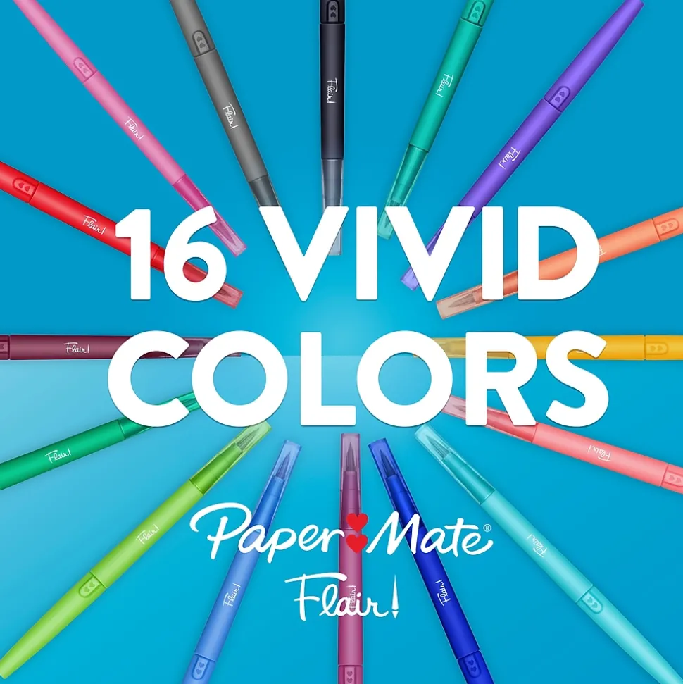 Paper Mate Flair! DUAL Calligraphy Pens, Brush/Medium Tips, Assorted Colors, 16/Pack (2181607)