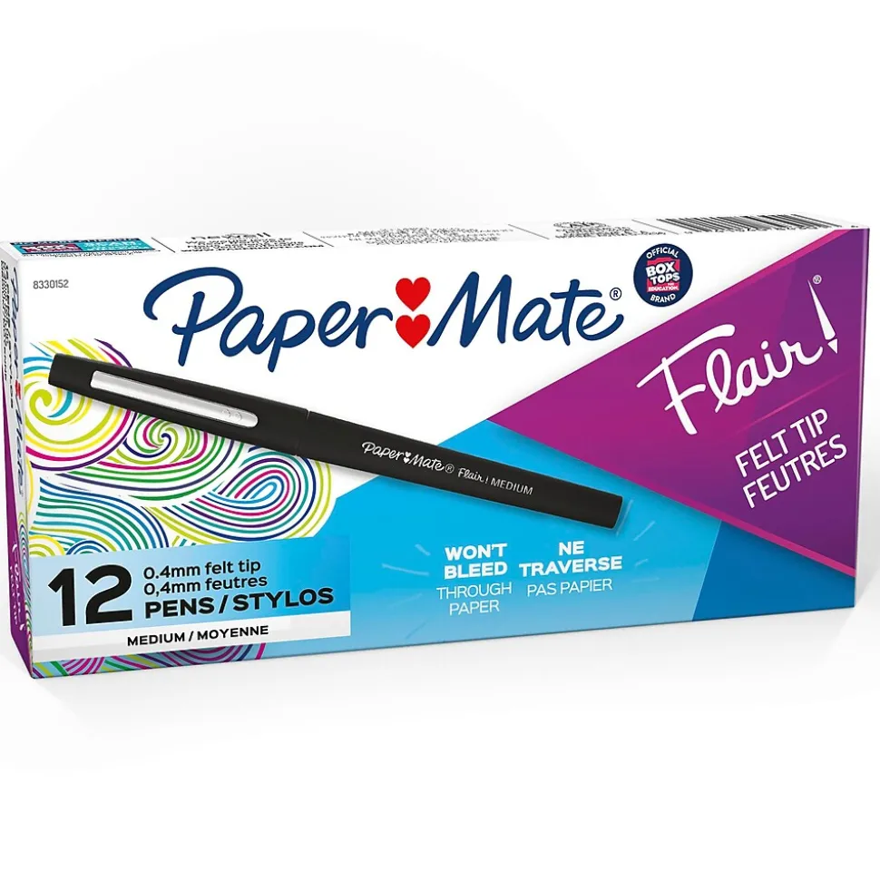 Paper Mate Flair Felt Pens, Medium Point, 0.7mm, Black Ink, Dozen (8430152)