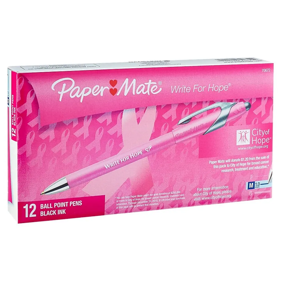 Paper Mate FlexGrip Elite Write for Hope Retractable Ballpoint Pen, Medium Point, Black Ink, Dozen (70672)