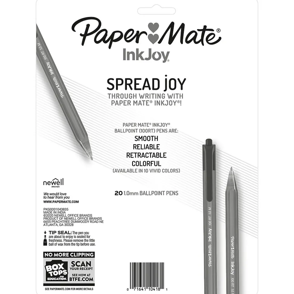 Paper Mate InkJoy 100 RT Retractable Ballpoint Pen, Medium Point, Black Ink, 20/Pack (1951395)
