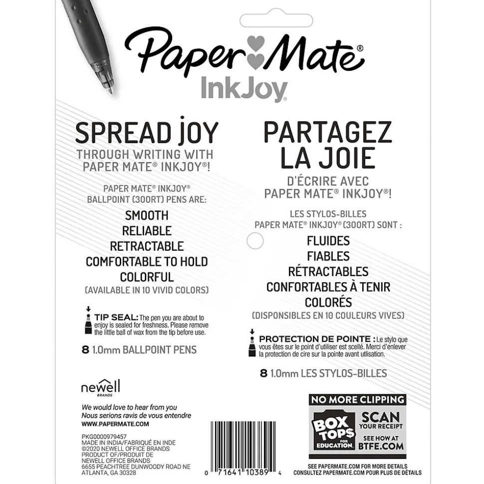 Paper Mate InkJoy 300RT Retractable Ballpoint Pens, Medium Point, 1.0mm, Assorted Ink, 8/Pack (1781564/1945921)