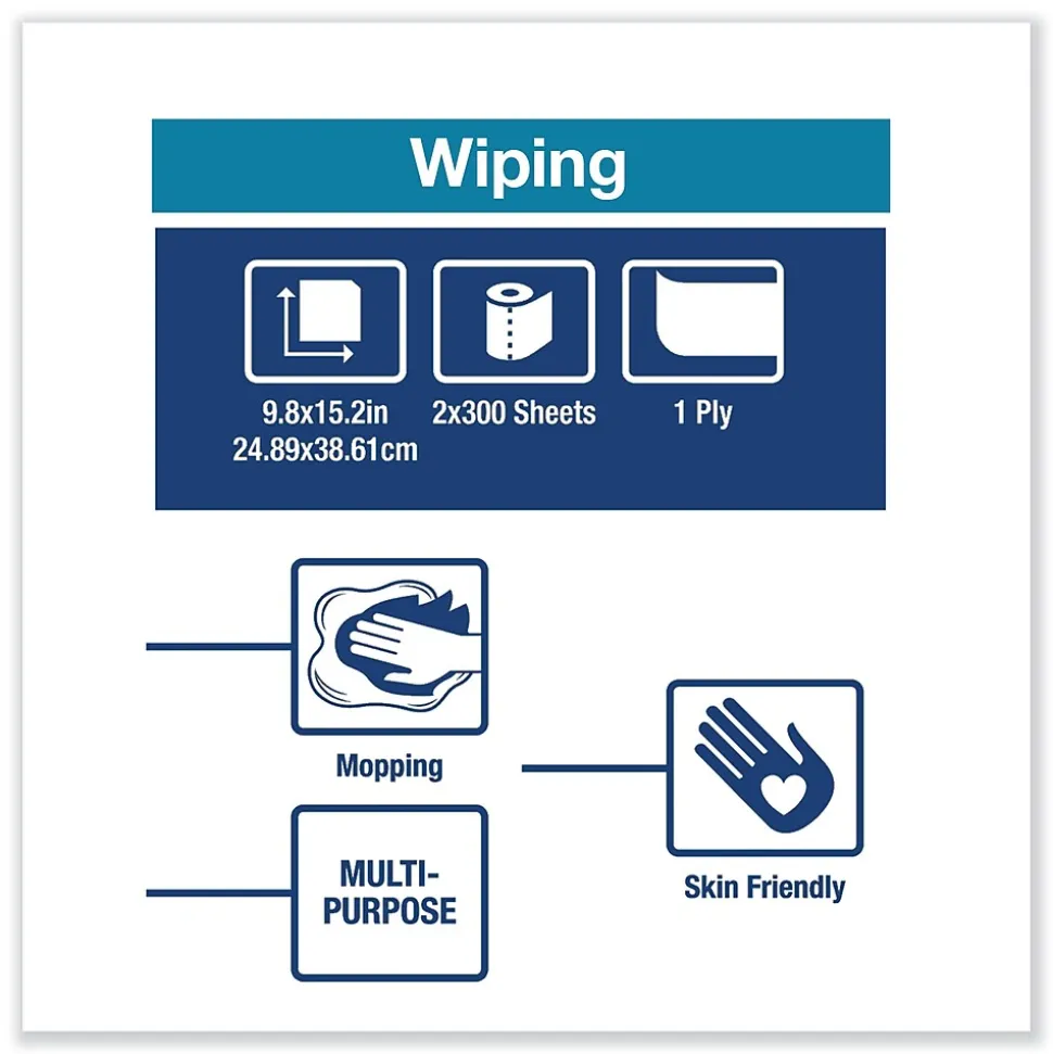 Paper Wiper Plus, 9.8 x 15.2, White, 300/Roll, 2 Rolls/Carton