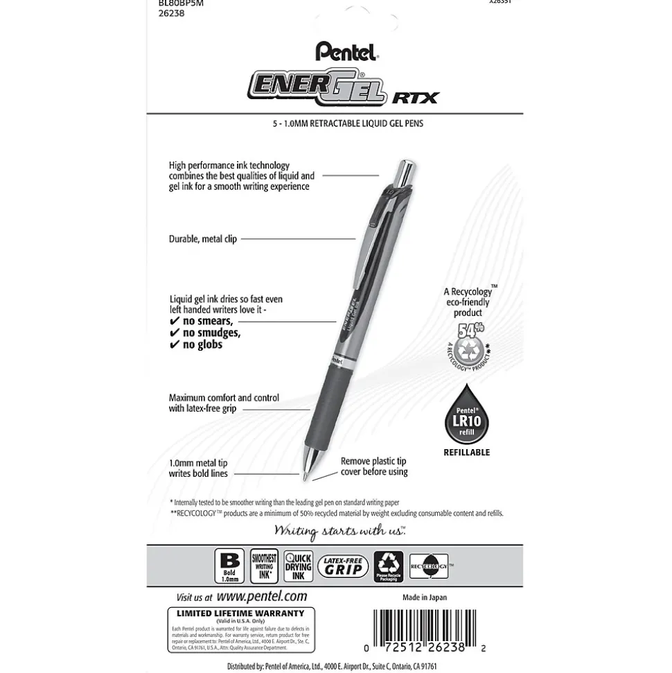 Pentel EnerGel RTX Gel Pens, Bold Point, Assorted Ink, 5/Pack (BL80BP5M)