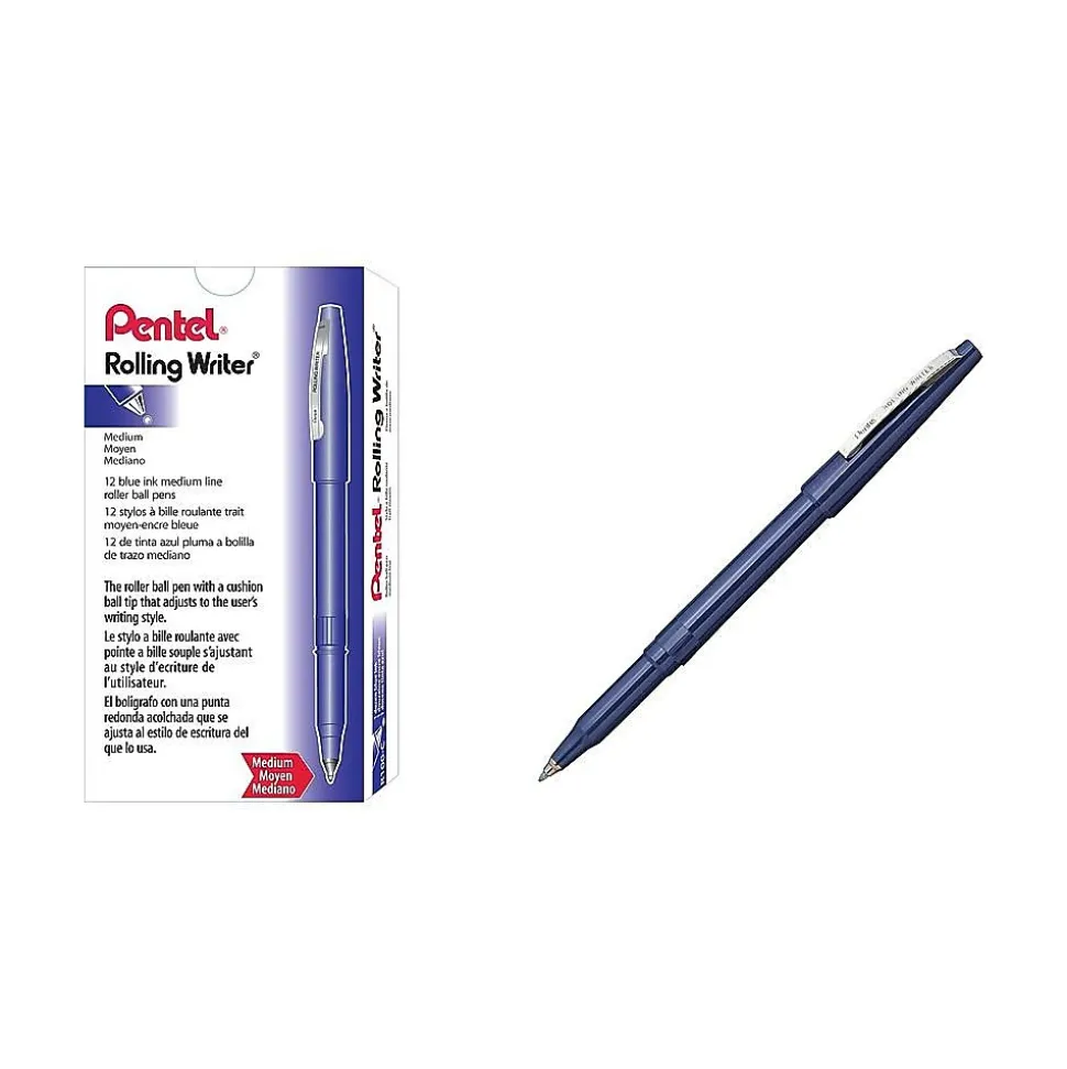 Pentel Rolling Writer Rollerball Pens, Medium Point, Blue Ink, Dozen (R100-C)