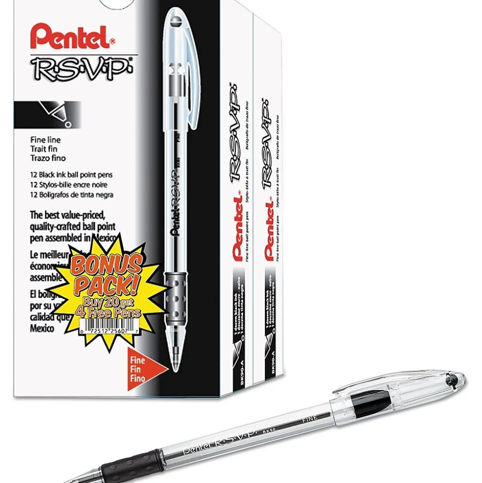 Pentel R.S.V.P. Ballpoint Stick Pens, Fine Point, Black Ink with Clear Barrel, 24/Pack (BK90ASW2)