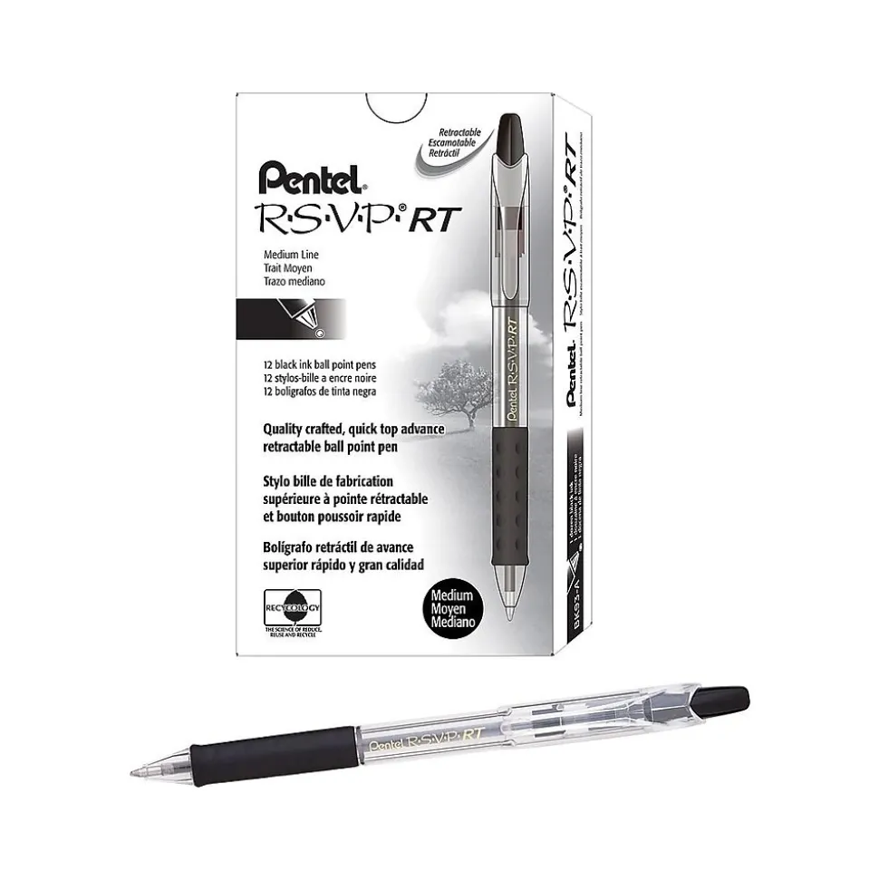 Pentel R.S.V.P. RT Retractable Ballpoint Pens, Medium Point, Black Ink, Dozen (BK93-A)