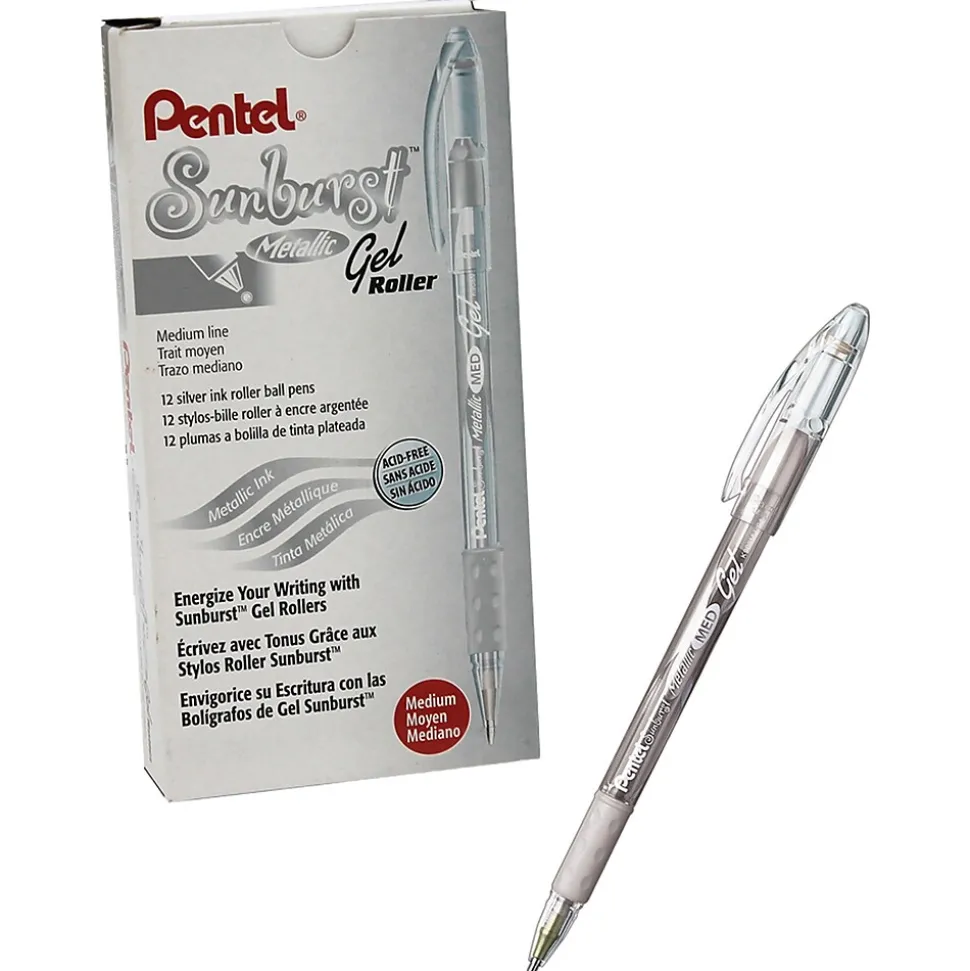 Pentel Sunburst Metallic Pen, Silver, Pack of 12 (PENK908Z-12)
