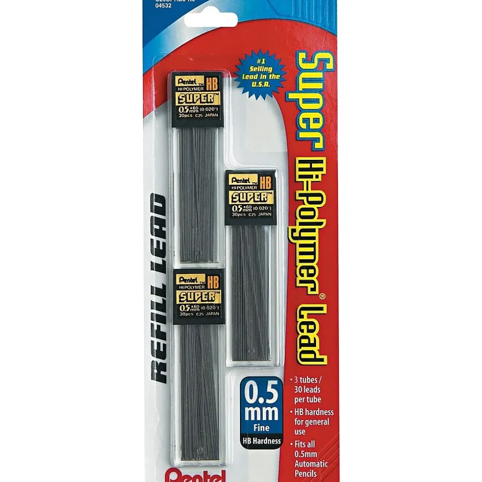Pentel Super Hi-Polymer Lead Refill, 0.5mm, 30/Leads, 3/Pack (C25BPHB3-K6)