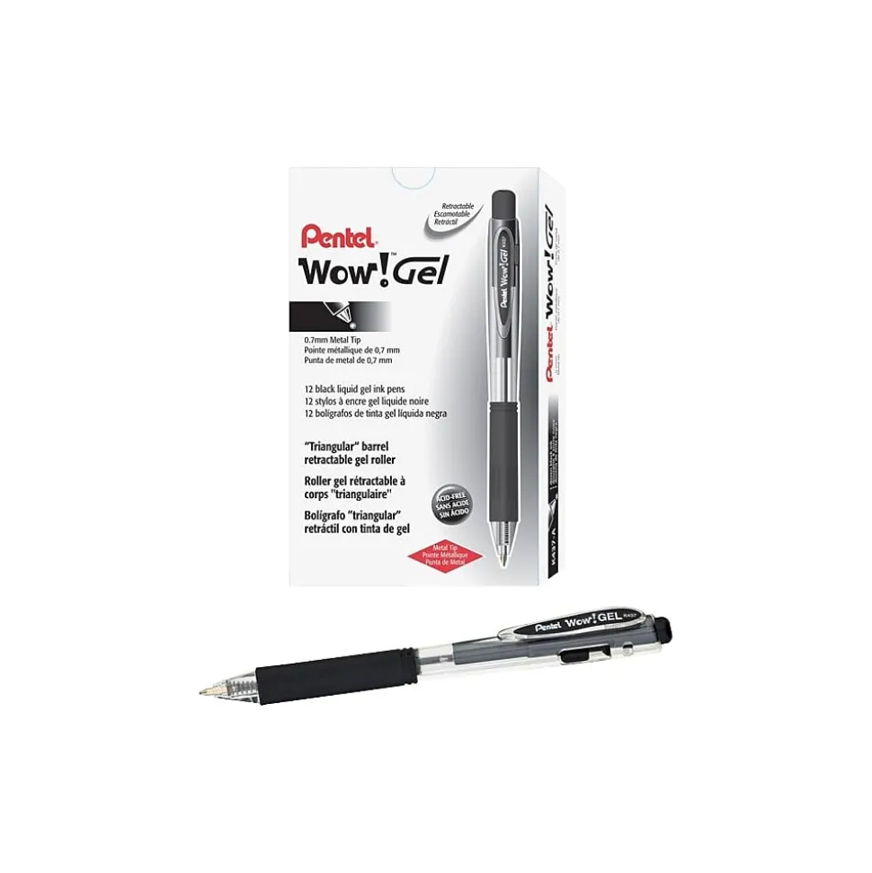 Pentel WOW! Retractable Gel Pens, Medium Point, Black Ink, 24/Pk (K437ASW2)