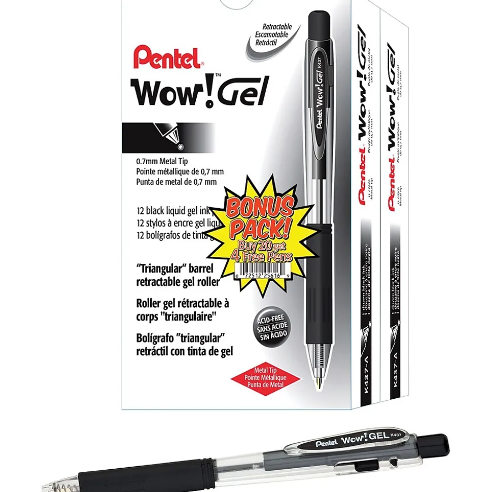 Pentel WOW! Retractable Gel Pens, Medium Point, Black Ink, 24/Pk (K437ASW2)