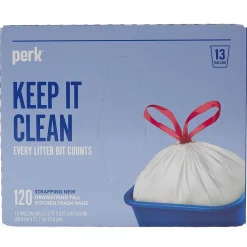 Perk™ 13 Gallon Kitchen Trash Bag, 28" x 24", Low Density, 0.9 mil, White, 120 Bags/Box (PK56750)