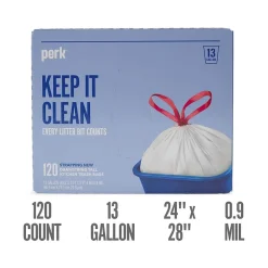 Perk™ 13 Gallon Kitchen Trash Bag, 28" x 24", Low Density, 0.9 mil, White, 120 Bags/Box, 3 Boxes/Carton (PK56750CT)