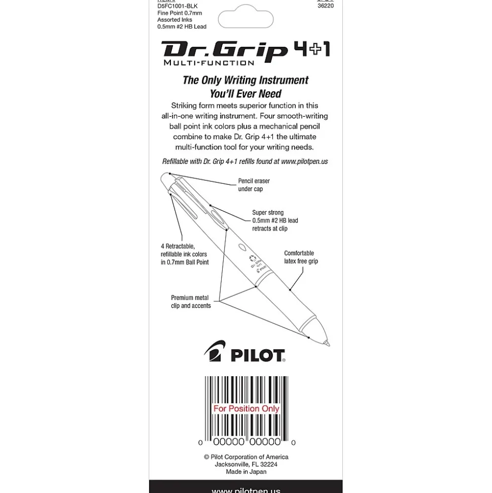 Pilot Dr. Grip 4 + 1 Multi-Function Pen + Pencil, Fine Point, 4 Assorted Inks (36220)