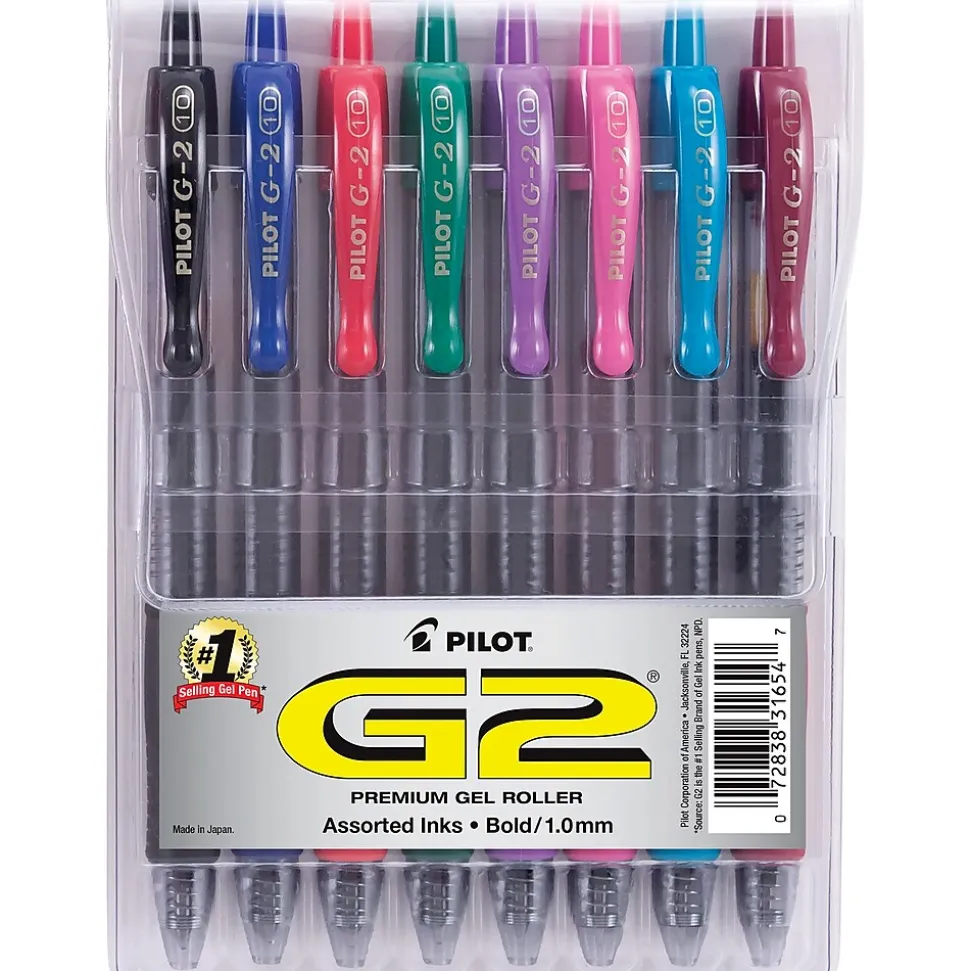 Pilot G2 Retractable Gel Pens, Bold Point, Assorted Ink, 8/Pack (31654)