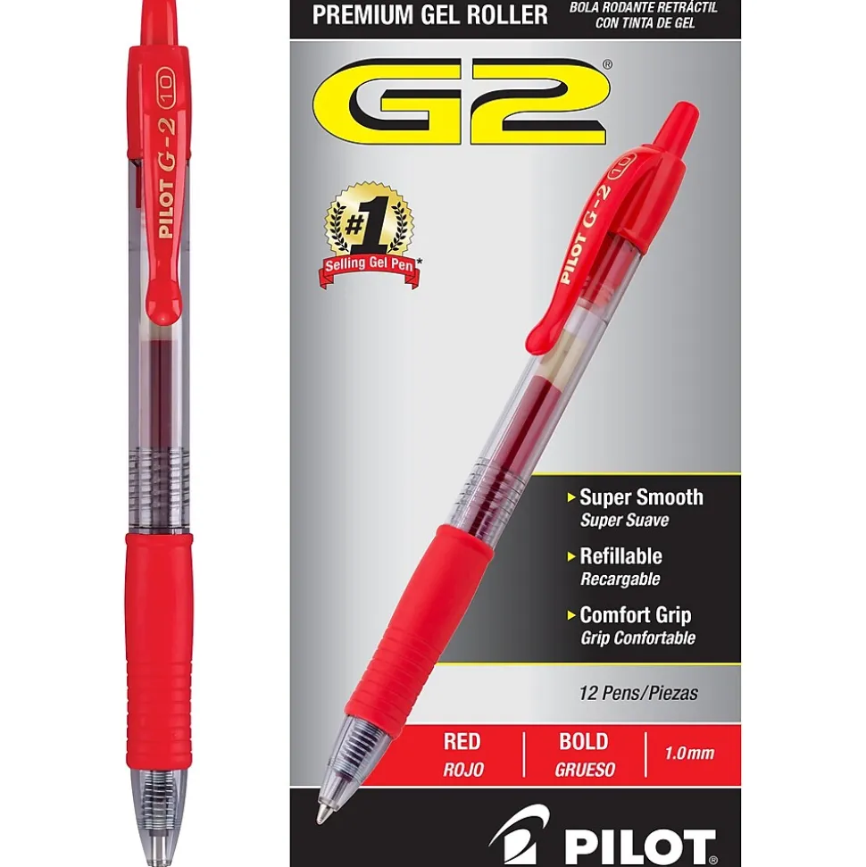 Pilot G2 Retractable Gel Pens, Bold Point, Red Ink, Dozen (31258)