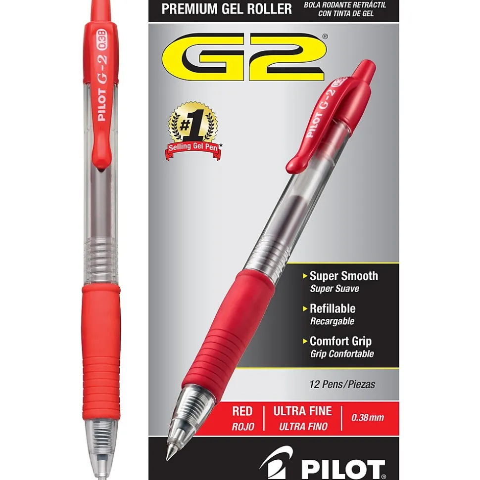 Pilot G2 Retractable Gel Pens, Ultra Fine Point, Red Ink, Dozen (31279)