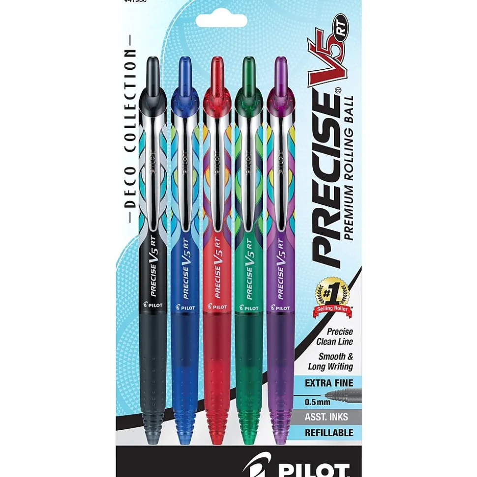 Pilot Precise V5 RT Deco Collection Retractable Rollerball Pens, Extra Fine Point, Assorted Ink, 5/Pack (41980)