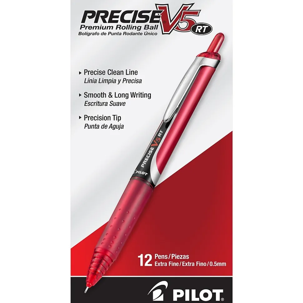 Pilot Precise V5 RT Retractable Rollerball Pens, Extra Fine Point, Red Ink, Dozen (26064)